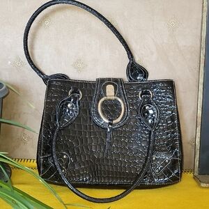 Elegant Black Crocodile-Embossed Handbag